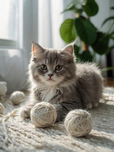 Felice sonnolento gatto persiano peloso gioca con belle palle strisce di filo