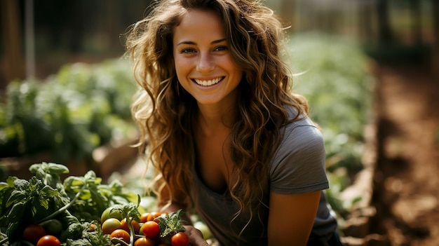 Felice sorridente contadina accanto ai suoi prodotti biologici coltivati e raccolti in autunno Illustrazione dei prodotti agricoli generata dall'intelligenza artificiale