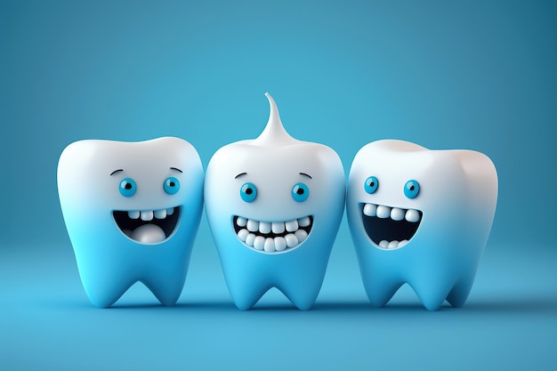 Felice sorridente denti bianchi personaggi dei cartoni animati concetto di assistenza sanitaria dentale IA generativa