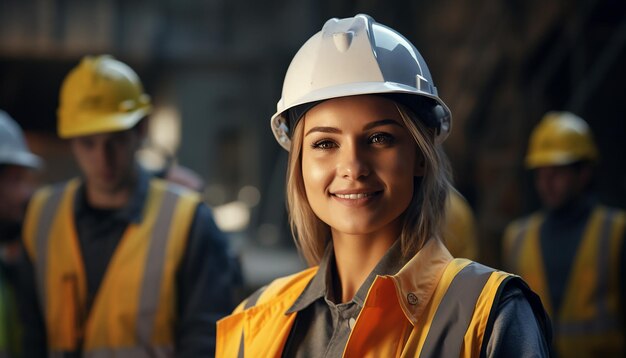 Felice sorridente ingegnere donna carina giovani costruttori aspetto slavo