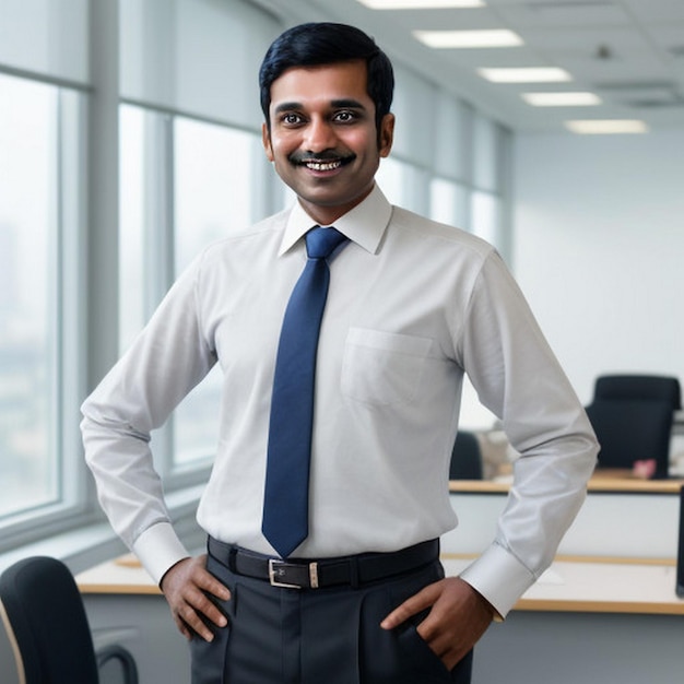 felice sorridente uomo d'affari indiano leader guarda via con fiducia in piedi in ufficio sorridente giovane professionista uomo di affari manager ed esecutivo dall'India