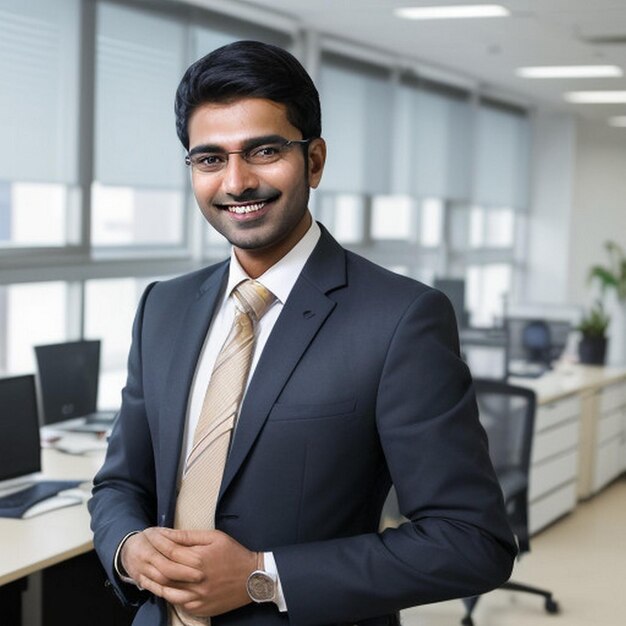 felice sorridente uomo d'affari indiano leader guarda via con fiducia in piedi in ufficio sorridente giovane professionista uomo di affari manager ed esecutivo dall'India