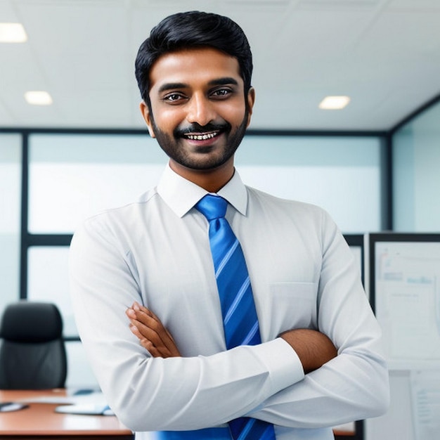 felice sorridente uomo d'affari indiano leader guarda via con fiducia in piedi in ufficio sorridente giovane professionista uomo di affari manager ed esecutivo dall'India