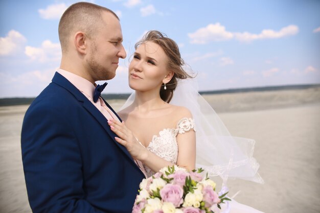 Felice sposa e sposo abbracciare e baciare, amore