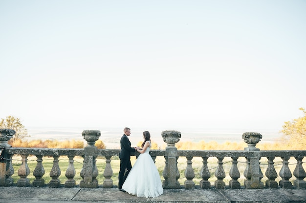 felice sposa e sposo vicino al palazzo medievale il giorno delle nozze