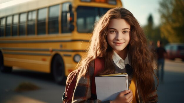 Felice studentessa adolescente caucasica che tiene libri guardando la macchina fotografica con lo scuolabus sfocato sullo sfondo Ritorno al concetto di scuola