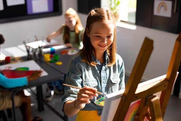 Felice studentessa caucasica che dipinge usando pennello e cavalletto nella classe d'arte della scuola