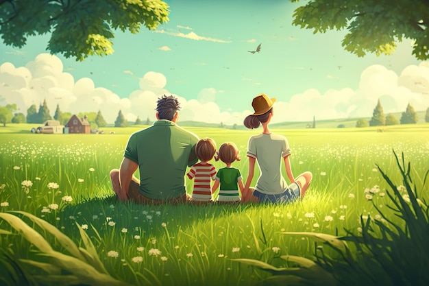 Felice tempo in famiglia Vista posteriore giovane famiglia con bambini insieme al parco all'aperto Seduto nel mezzo di un bellissimo campo verde Genera Ai