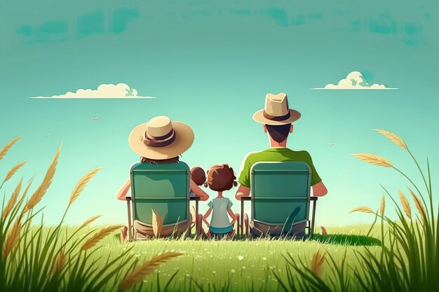 Felice tempo in famiglia Vista posteriore giovane famiglia con bambini insieme al parco all'aperto Seduto nel mezzo di un bellissimo campo verde Genera Ai