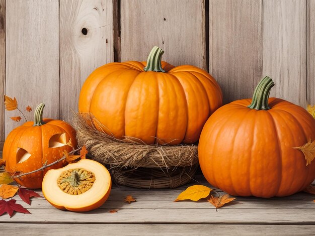 Felice Thanksgiving zucche con frutta e foglie cadenti su un rustico tavolo di legno