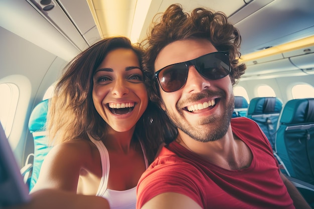 Felice turista prendendo selfie all'interno dell'aeroplano