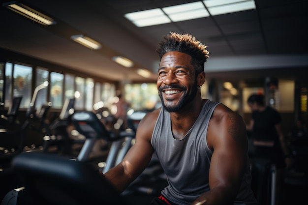 Felice uomo afroamericano che si allena su attrezzature sportive in palestra IA generativa