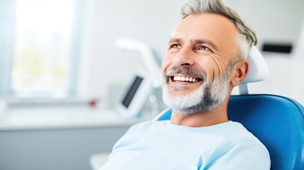 Felice uomo maturo durante il controllo dei denti presso la clinica dentale Sorridere durante una procedura senza concetto di paura