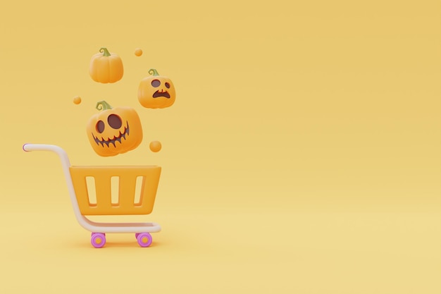 Felice vendita di Halloween con zucche JackoLantern e carrello su sfondo giallo tradizionale vacanza di ottobre rendering 3d