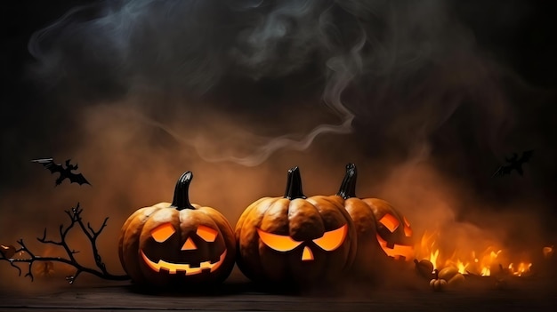 Felice zucca di halloween con fumo sull'immagine realistica bg scuro