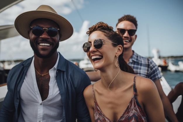 Felici amici diversi che prendono selfie su smartphone sulla spiaggia generativa ai