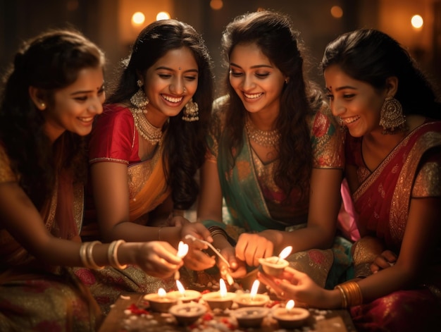 Felici belle donne indiane in abito sarre foto cinematografica di Diwali