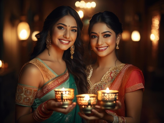 Felici belle donne indiane in abito sarre foto cinematografica di Diwali