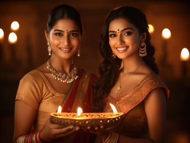 Felici belle donne indiane in abito sarre foto cinematografica di Diwali