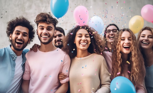 Felici giovani amici che festeggiano insieme durante la festa di rivelazione del genere con palloncini e confetti