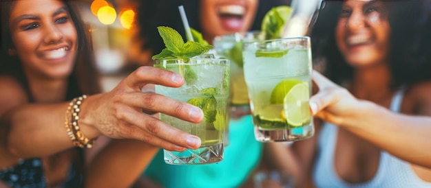 Felici giovani amici festeggiano brindando a un cocktail in un ristorante Immagine generata da AI