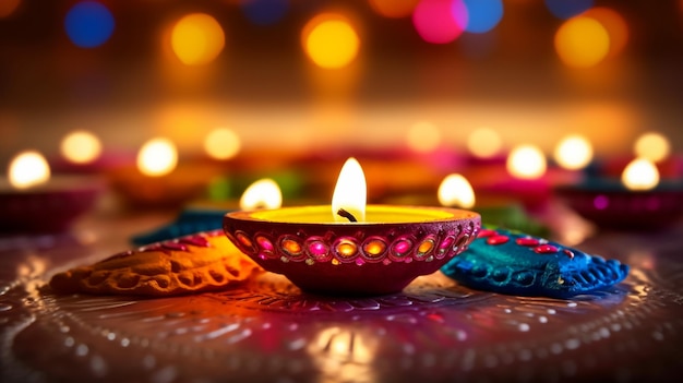 felici saluti Diwali Decorazione Rangoli con disegno di illustrazione vettoriale Diya o lampada