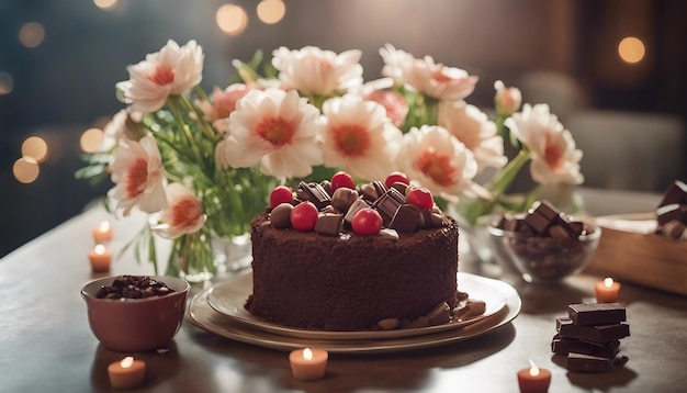 felicità per l'anniversario con fiori e cioccolato