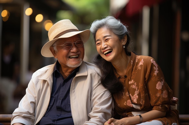 Felicità senza tempo Una vecchia coppia asiatica onora il presente con la propria gioia Entra nel mondo di una vecchia coppia asiatica vestita in modo casual e irradiante felicità