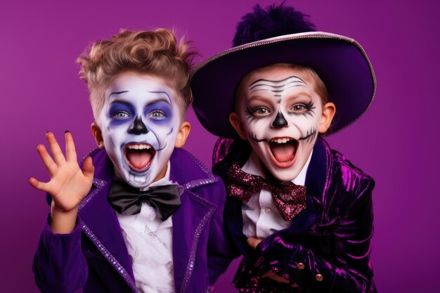 Feliciti costumi di carnevale di Halloween e bambini allegri sullo sfondo viola