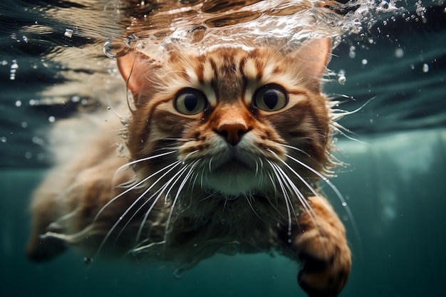 Feline Aquatics Un gatto con gli occhiali fa il tuffo sott'acqua generativo di Ai