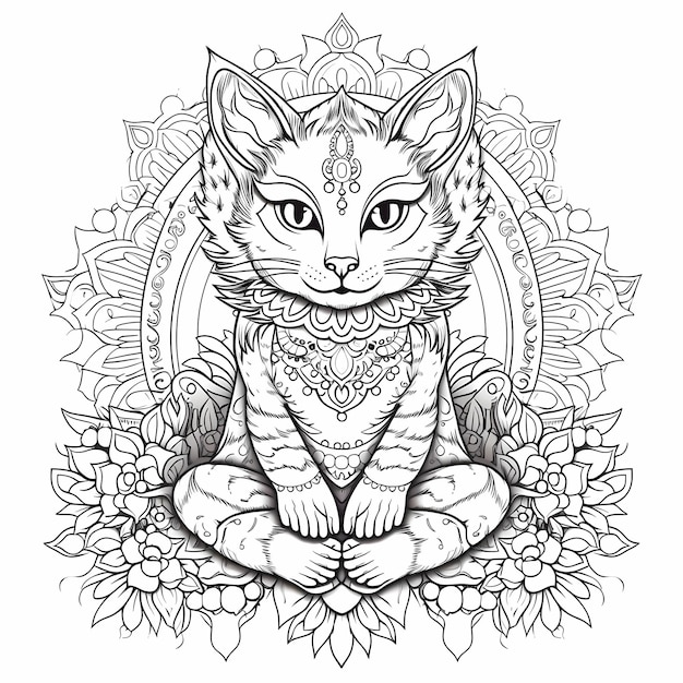 Feline Zen Garden Mandala Yoga Cats Carte da colorare con fiore di loto