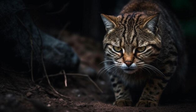 Felino a strisce che fissa la bellezza nella tranquillità della natura generata dall'intelligenza artificiale