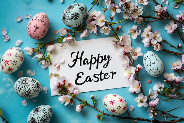 Felizi auguri di Pasqua con uova colorate e fiori di primavera su uno sfondo blu