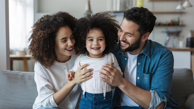 Felizi genitori afroamericani con una figlia a casa.