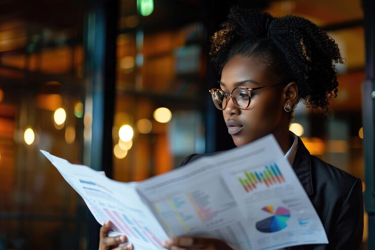Female Executive Reading Company Reports
