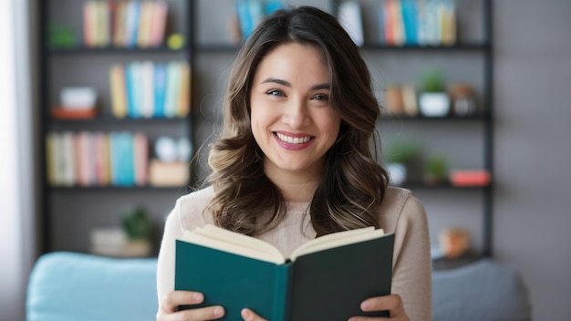 Femme bruna felice con un libro.