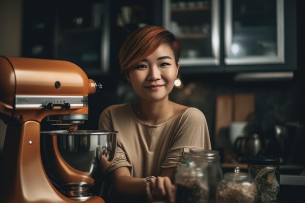 Femmina adulta asiatica che cucina in grembiule da cucina uniforme da chef Generative AI AIG23
