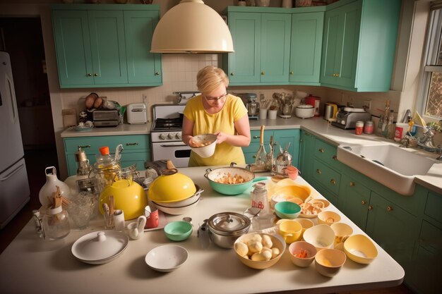 Femmina caucasica anni '50 che cucina un pasto in cucina Generative AI AIG23