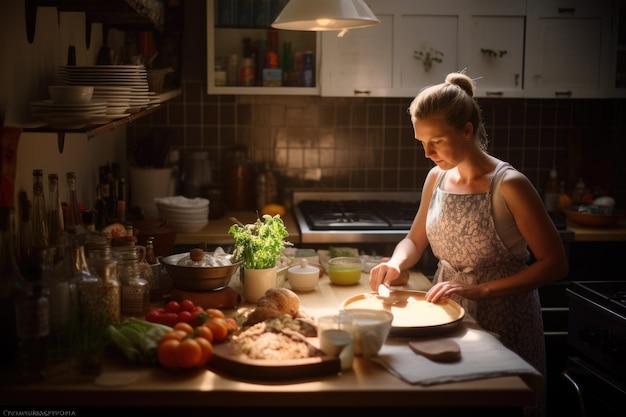 Femmina caucasica anni '50 che cucina un pasto in cucina Generative AI AIG23