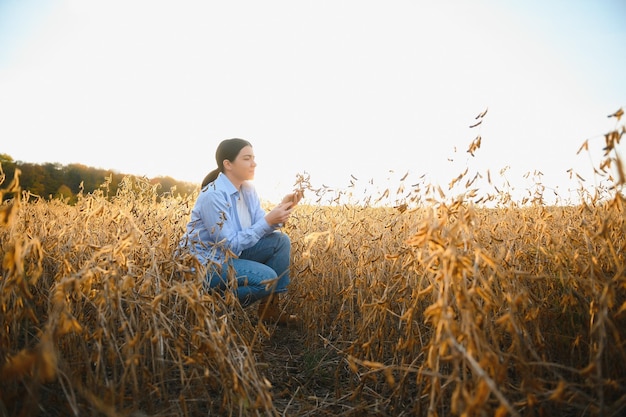 Femmina caucasica lavoratore agricolo ispezione di soia al campo serate estive da qualche parte in Ukraine