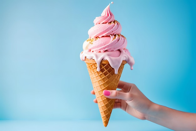 femmina con il cono di gelato alla fragola in mano