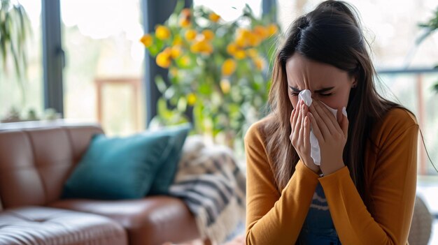 Femmina esposta al virus e con problemi di salute sneezing a causa di allergia o influenza nella zona di vita