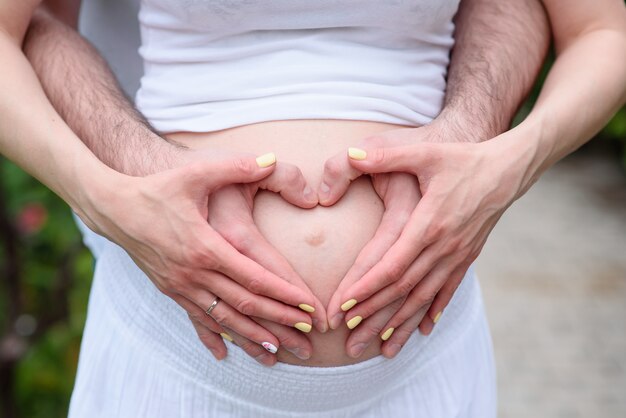 Femmina felice di gravidanza della donna di concetto di nascita di nuova vita che si tiene per mano il fondo di bianco del cuore di simbolo