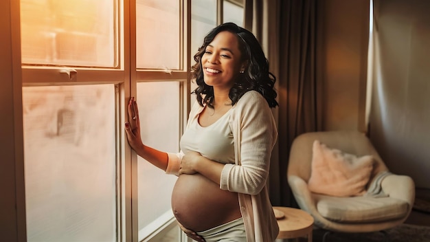 Femmina incinta in piedi accanto alla finestra