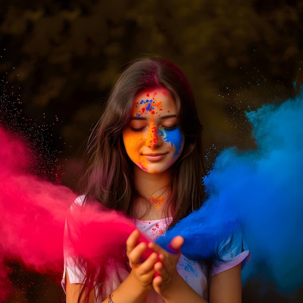 Femmina indiana con polvere di colore secco Holi che esplode intorno al suo sfondo Happy Holi