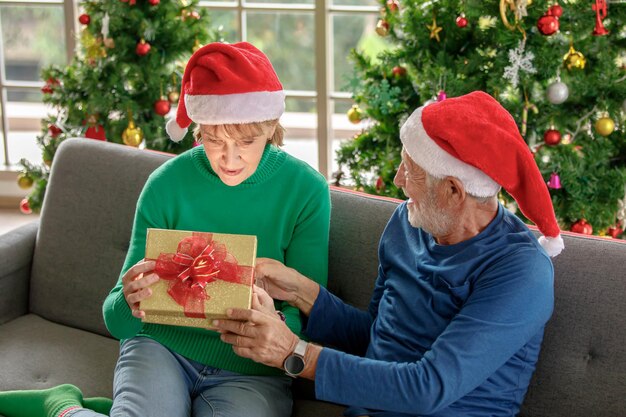 Femmina matura in cappello di Babbo Natale che si apre presente mentre è seduta sul divano vicino al marito anziano felice durante la celebrazione del Natale a casa