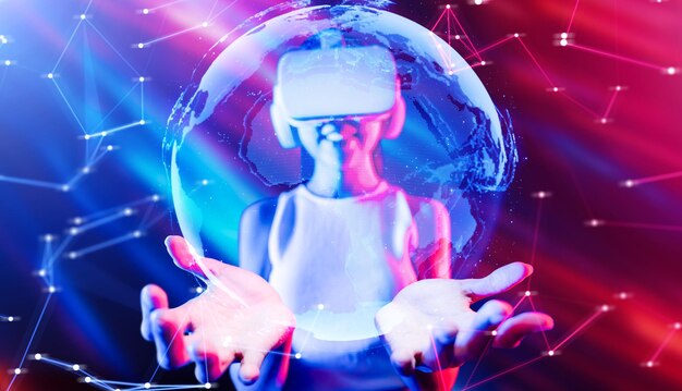 Femmina nel metaverso tiene e guarda l'ologramma 3D dell'immagine globale allucinazione