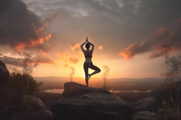 Femmina nella posa di yoga contro un paesaggio di tramonto ai generativo