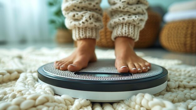 Femmina senza volto tagliata in pigiama accogliente in piedi su scale digitali di peso e grasso corporeo con display che mostra un peso sano di 60 kg sul pavimento del bagno al mattino