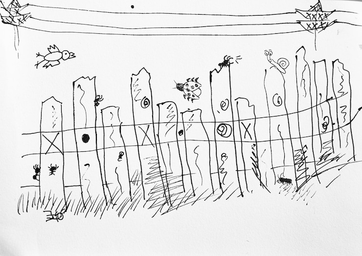 Foto fence with birds insects and snail